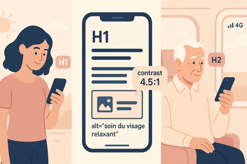 Accessibilité Web sur mobile : une femme au soleil, un homme dans un train, et un écran de smartphone