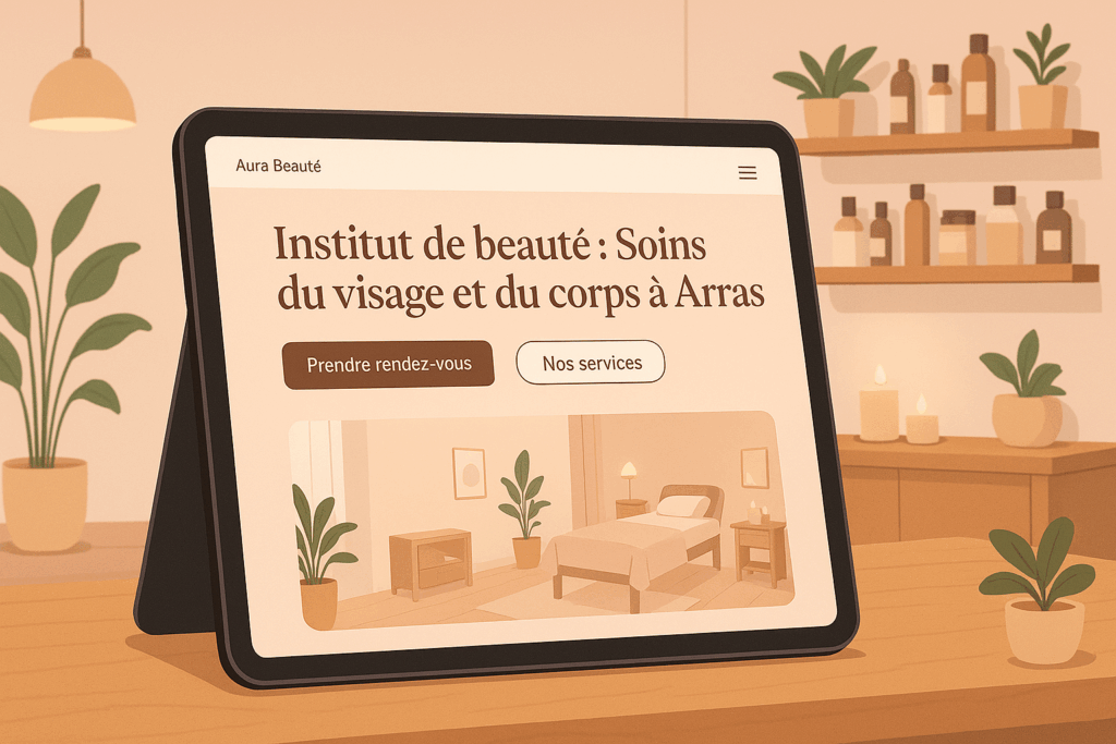 Site Web d’un institut de beauté affiché sur une tablette : un titre et deux boutons. L’interface est épurée