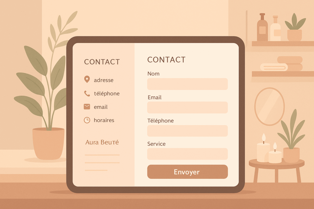Site Web d’un institut de beauté affiché sur une tablette : formulaire de contact et infos pratiques