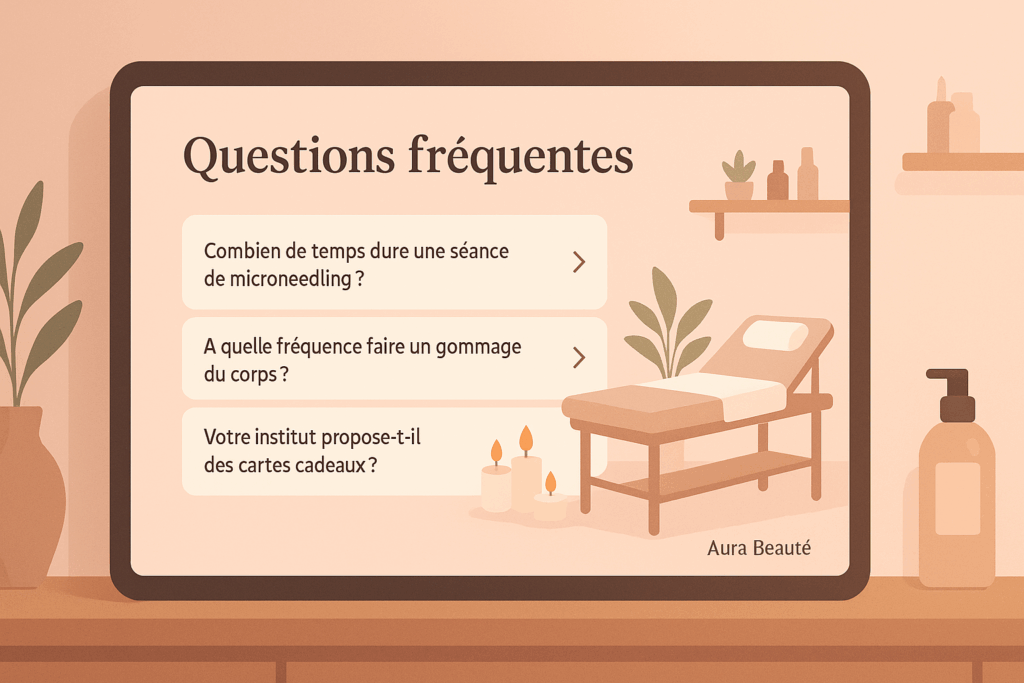 Site Web d’un institut de beauté affiché sur une tablette : une section FAQ avec trois questions.