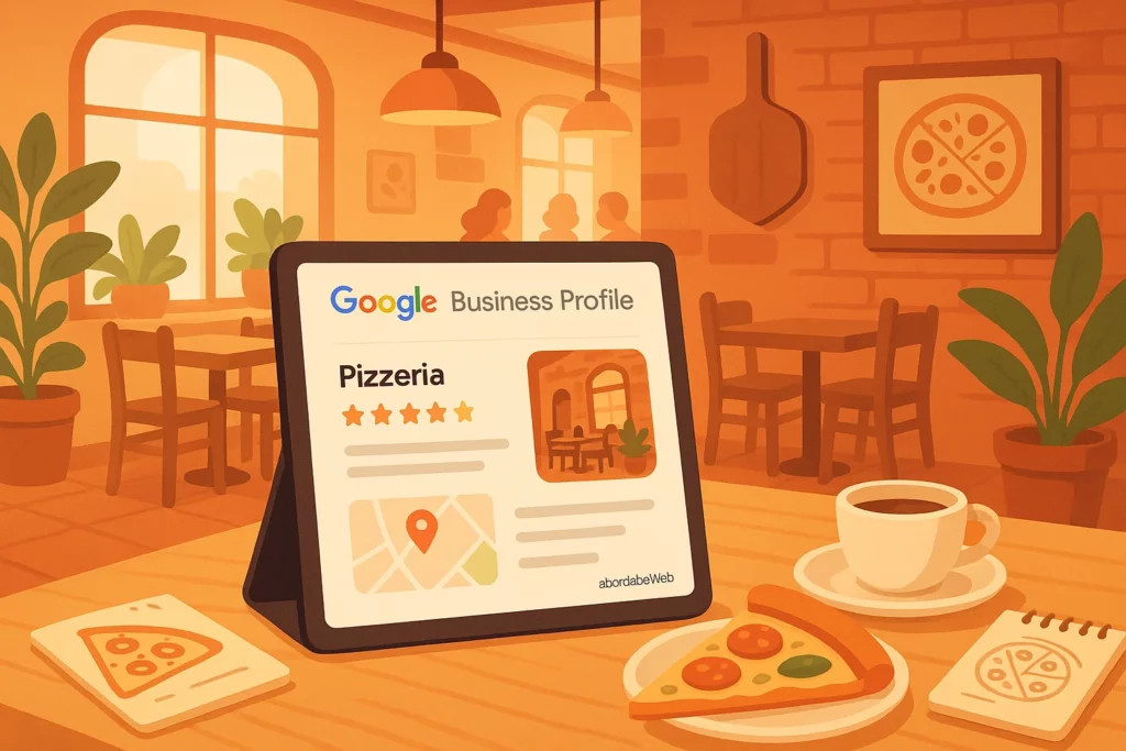 Tablette affichant une fiche Google Business Profile de pizzeria sur une table