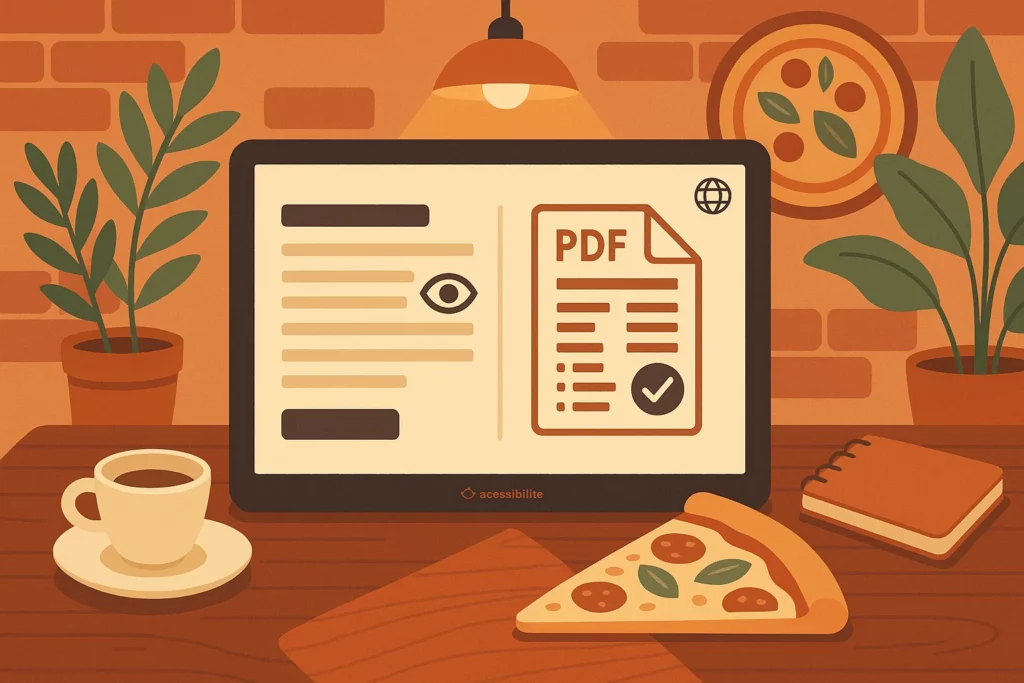 Tablette sur une table affichant une illustration d’accessibilité Web et d'un PDF structuré