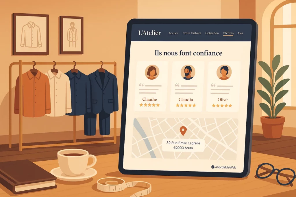 fringue avis Illustration d’un magasin de vêtements pour homme, avec une tablette mise en avant affichant une section de site web intitulée « Ils nous font confiance ». Trois avis clients et évaluations cinq étoiles sont visibles.