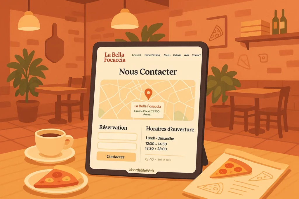 Tablette sur une table affichant une page de contact de pizzeria avec carte et horaires.