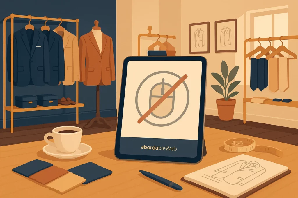Illustration d’une boutique de vêtements pour homme, avec un focus sur une tablette affichant une icône de souris barrée.