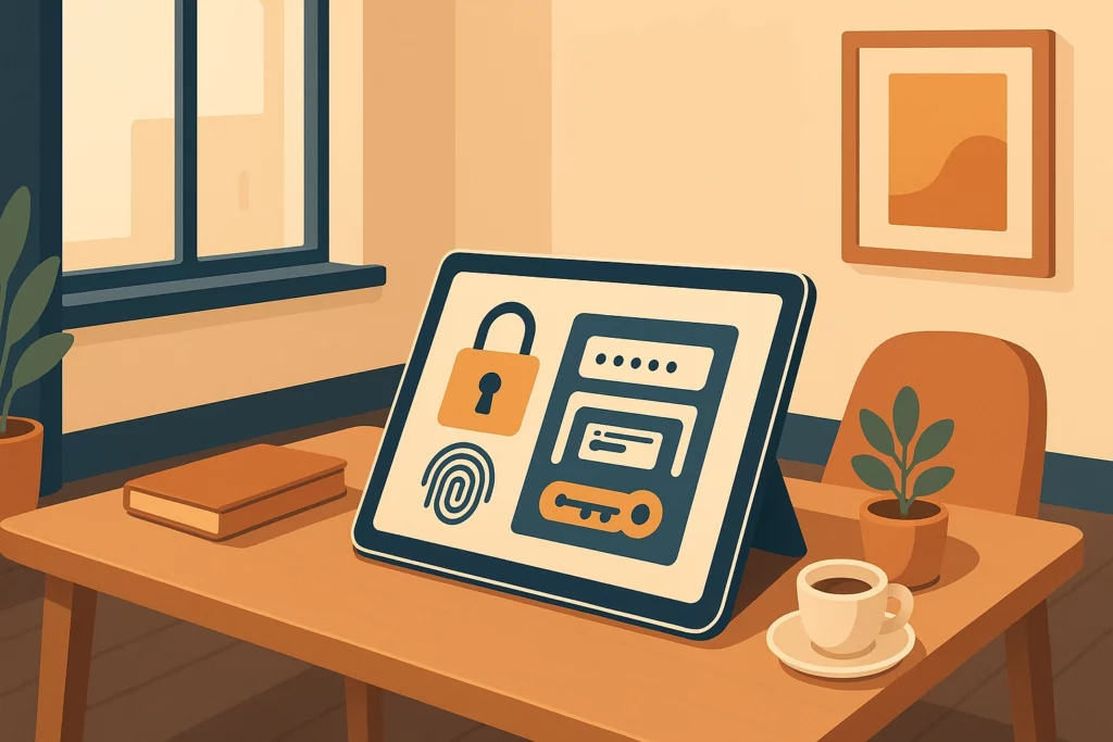Illustration d’une tablette posée sur un bureau dans un bureau. L’écran de la tablette affiche des icônes de sécurité numérique : cadenas, mot de passe, empreinte digitale, clé, et formulaire de connexion.