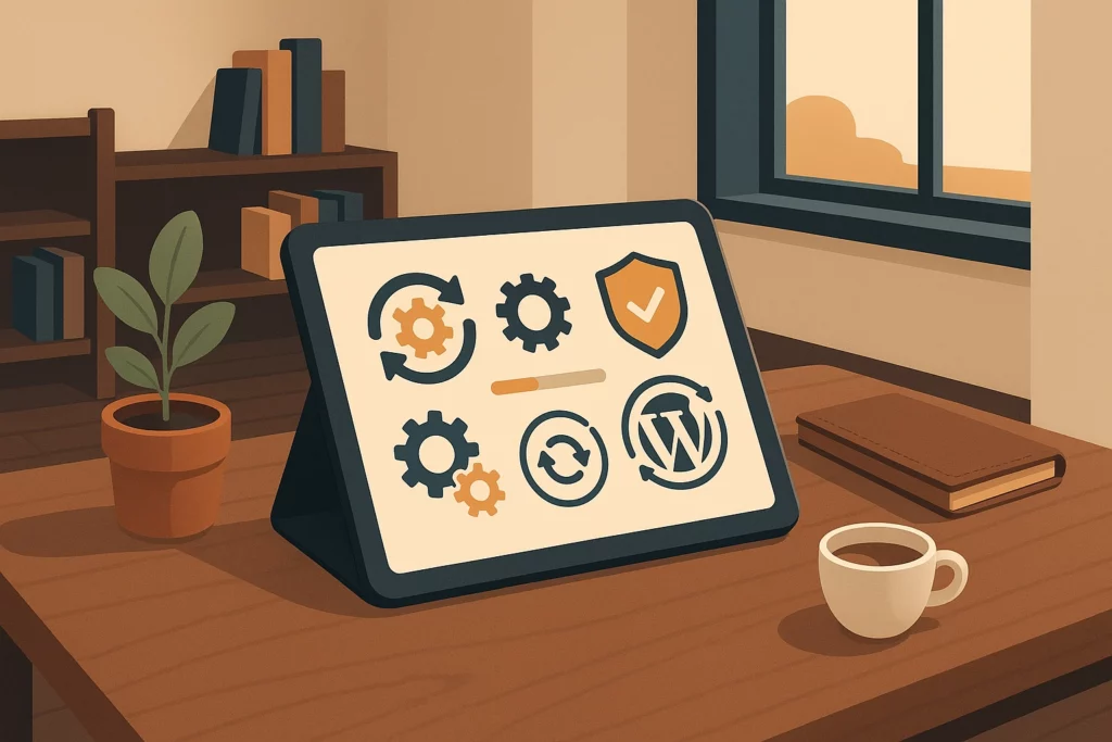 Illustration d’une tablette posée sur un bureau dans un bureau. L’écran de la tablette affiche des icônes liées à la maintenance d’un site WordPress : engrenages, flèches de mise à jour, bouclier de sécurité.