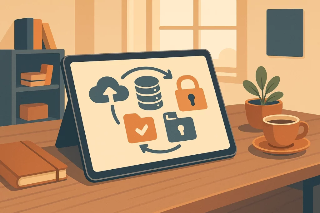 Illustration d’une tablette posée sur un bureau dans un bureau. L’écran de la tablette affiche des icônes liées à la sauvegarde et à la sécurité des données : cloud, base de données, cadenas, dossier sécurisé et flèches de synchronisation.