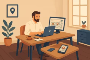 Illustration d’un professionnel du web travaillant dans son bureau. L’homme utilise un ordinateur portable affichant une carte avec des repères de géolocalisation, symbolisant le référencement local.