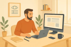 Illustration d'un homme assis à son bureau. Un grand écran affiche une maquette de site Web.