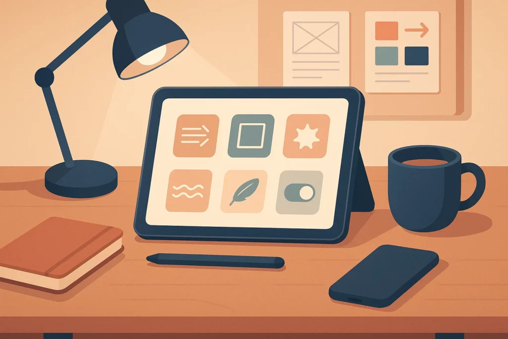 Illustration d'une tablette au centre d'un bureau, qui affiche six icônes symboliques : des flèches, un carré, une étoile, des lignes ondulées, une plume et un interrupteur. Cela représente des concepts liés aux effets visuels, aux transitions, à la légèreté graphique et à la possibilité de désactivation des animations.