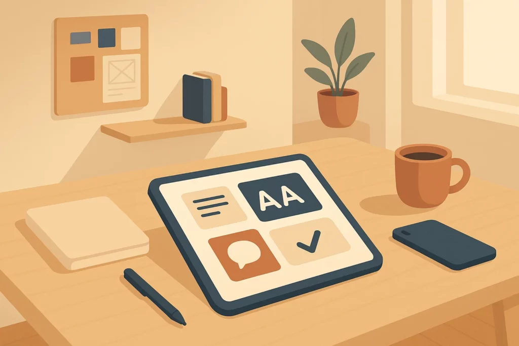 Illustration d'une tablette posée au centre d'un bureau affichant quatre icônes : un paragraphe stylisé, un double "A" pour la typographie, une bulle de dialogue, et une coche symbolisant des éléments de contenu clair et lisible. 