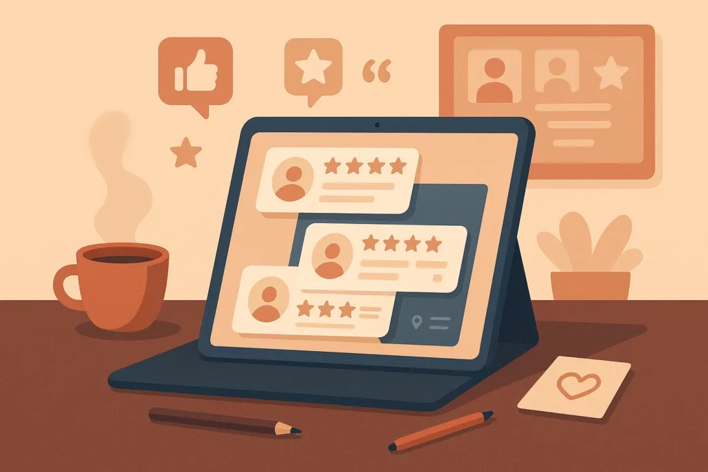 Illustration d’un bureau moderne. Une tablette est posée au centre, affichant des cartes stylisées d’avis clients avec étoiles, icônes de profil, et éléments symboliques de localisation.
