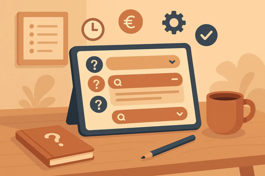 Illustration  d’un bureau. Une tablette est au centre, affichant une interface symbolique de FAQ : plusieurs blocs de questions stylisés avec icônes de point d’interrogation, flèches de déploiement et barres de texte simulant des réponses.