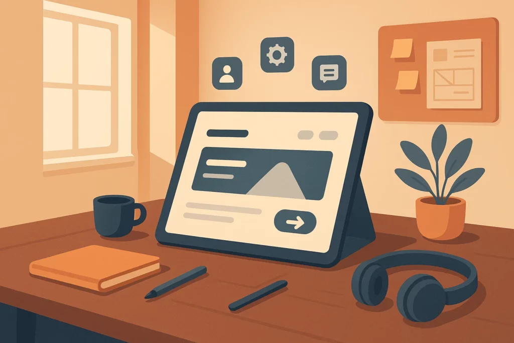 Illustration d’un bureau. Une tablette est posée au centre, affichant une maquette stylisée de la section Hero d’un site web : forme de titre, image symbolique, et bouton d’appel à l’action. 