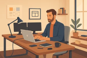 Illustration d’un homme travaillant sur un ordinateur portable dans un bureau. Il est assis à un bureau, entouré d'écrans d'ordinateur.